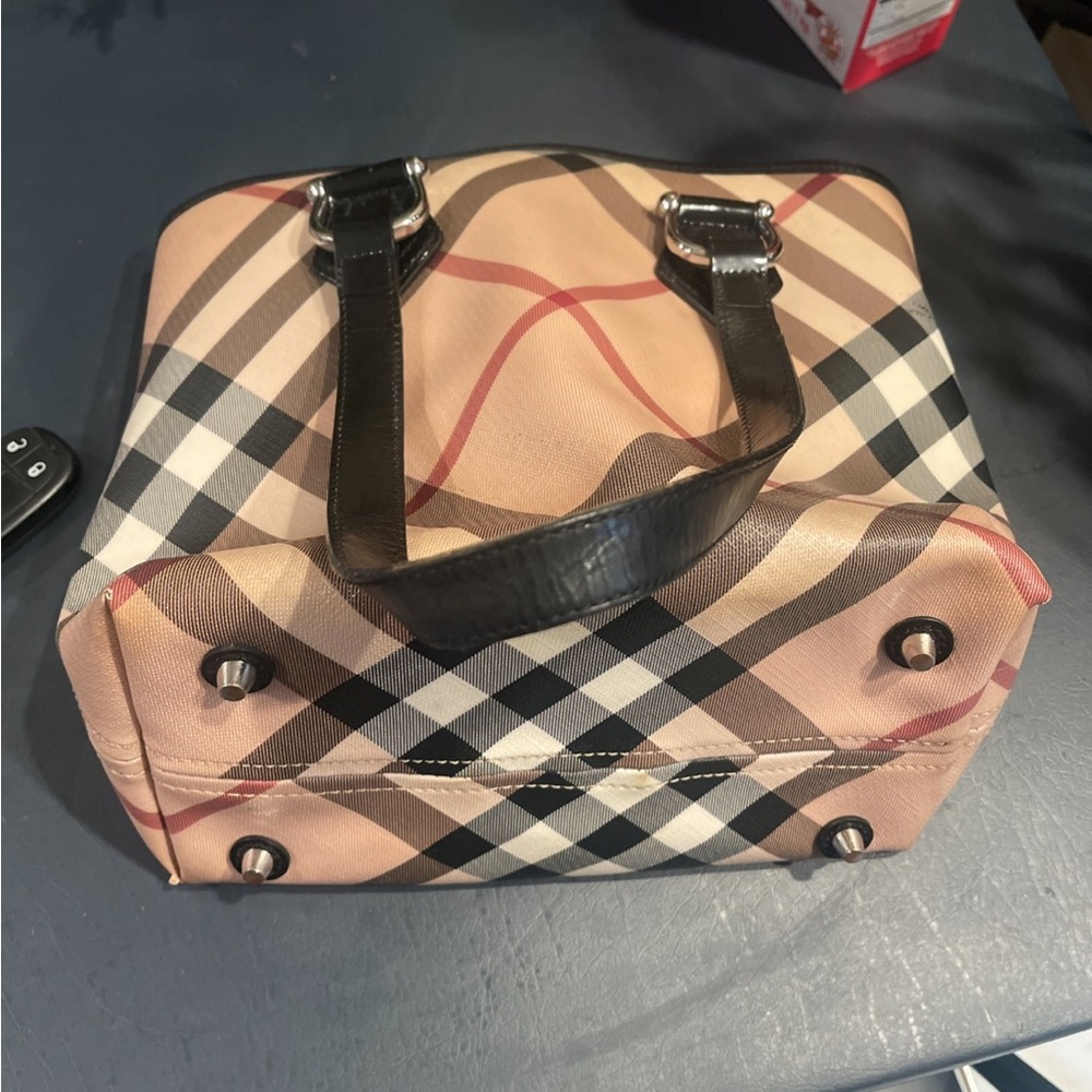 Burberry Tan/Black/Red Plaid CanvasTote Black Patent Leather Silver9.5”x9.5”x5” - Picture 3 of 17